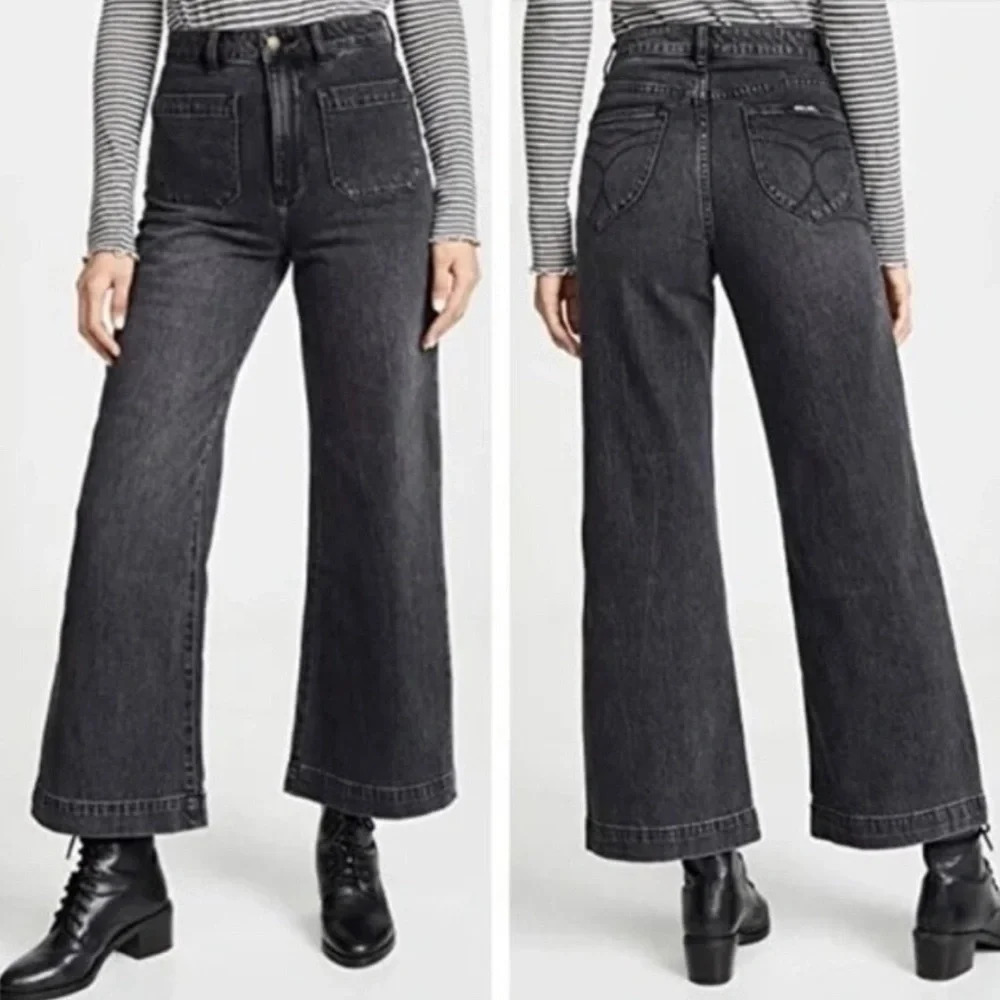 ROLLA’S High Rise Wide Leg Jeans in Black Wash | Size 28